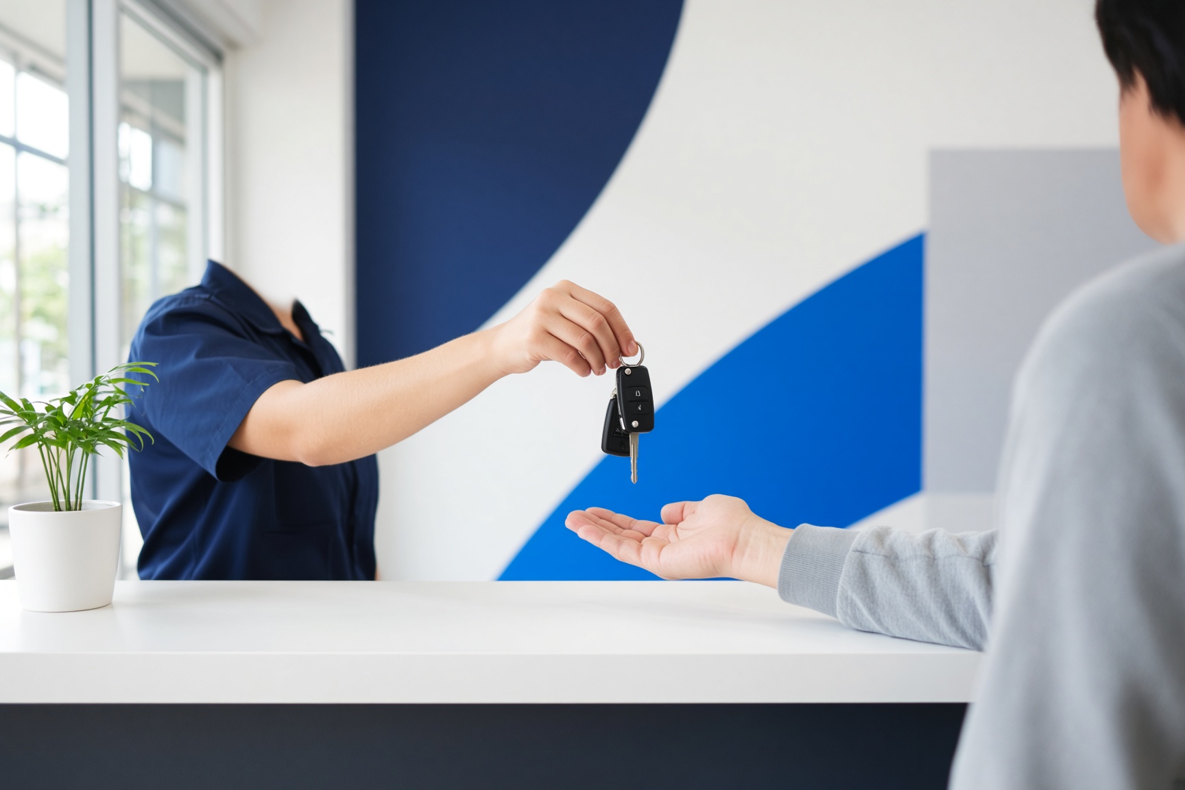Handing over keys for a Driven car hire collection on the Gold Coast or in Brisbane